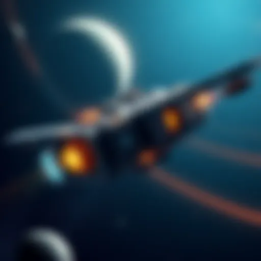 A futuristic spacecraft equipped with mining rigs and Nvidia technology floating in space, showcasing Bitcoin mining operations among stars and planets