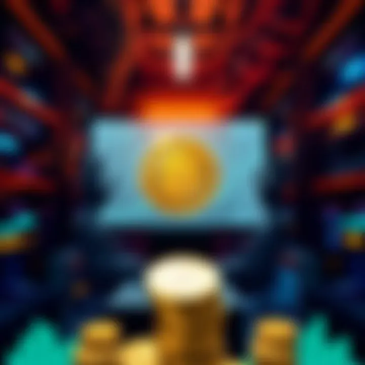 A miner with multiple computer rigs showcasing a display of mined bitcoins and digital graphs indicating growth in the cryptocurrency market.