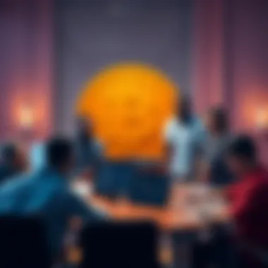 Bitcoin gaining popularity A group of diverse people discussing Bitcoin positively around a table with laptops and charts