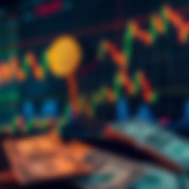 A visual representation of a Bitcoin price chart showing a downward trend, with dollar bills overlayed to represent investment strategies during dips