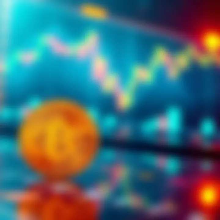 A graphic showing a downward trend in Bitcoin prices with a cryptocurrency coin in the foreground.