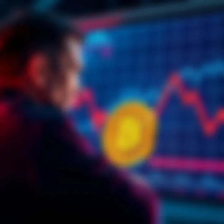 A graph showing a decline in Bitcoin price with a worried investor looking at it