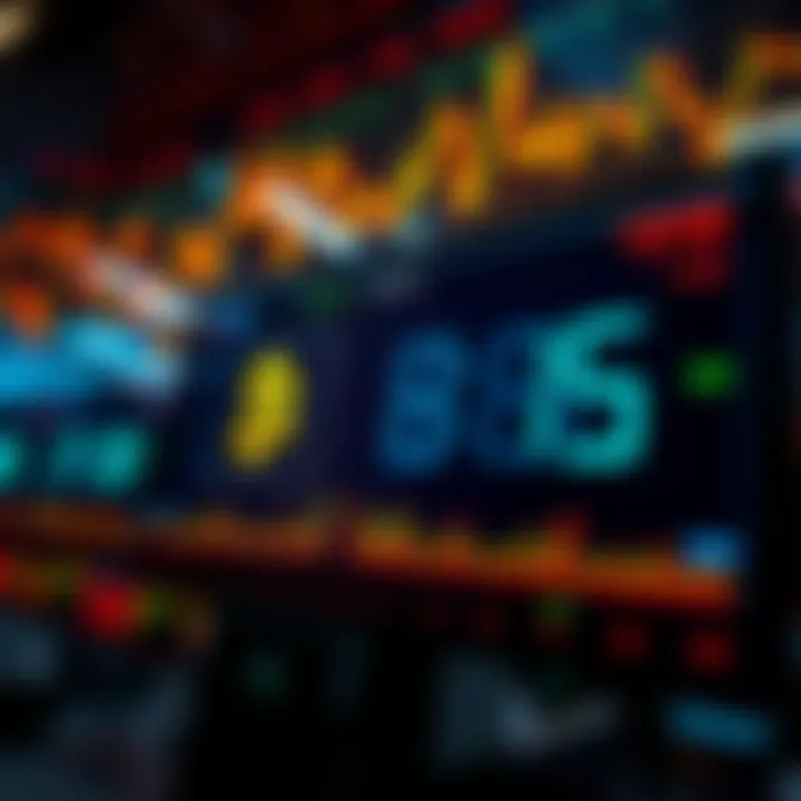 A digital display showing fluctuating Bitcoin prices and a clock indicating a 5-minute countdown.