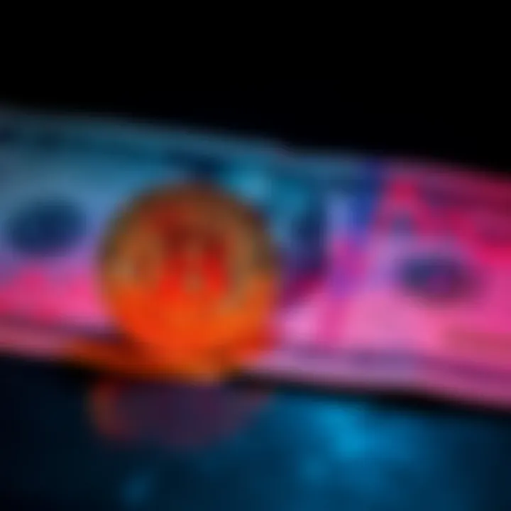 A graph showing Bitcoin price rising to $74K with a dollar bill in the background symbolizing traditional assets