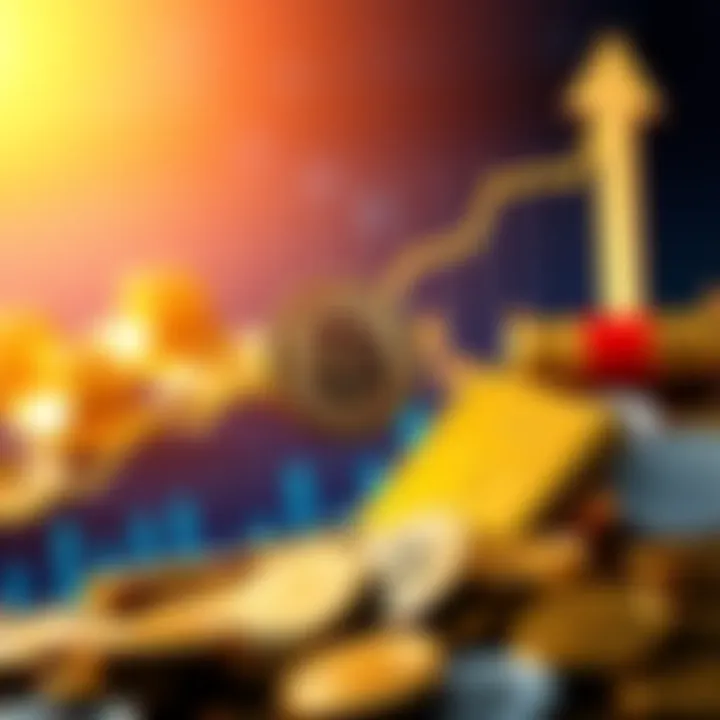 A graph showing an upward trend in Bitcoin's price with gold bars and silver coins in the background, symbolizing market excitement for 2026.