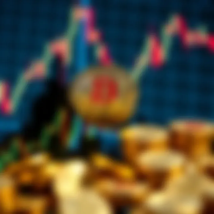 A visual representation of Bitcoin prices rising with a graph and gold coins in the background.