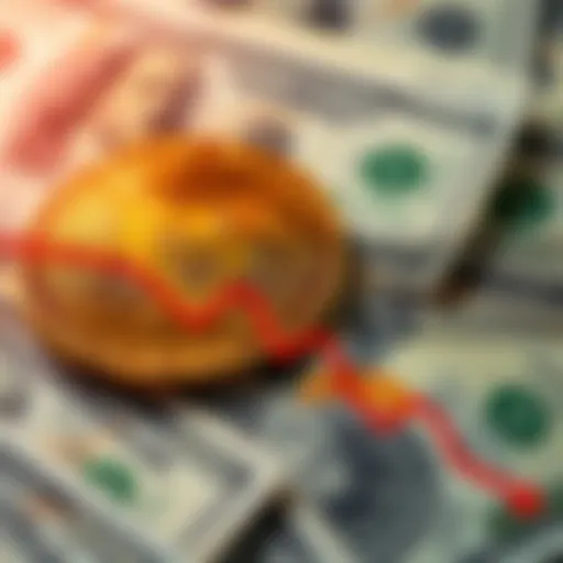 A graphic showing a downward trend in Bitcoin prices with dollar bills in the background