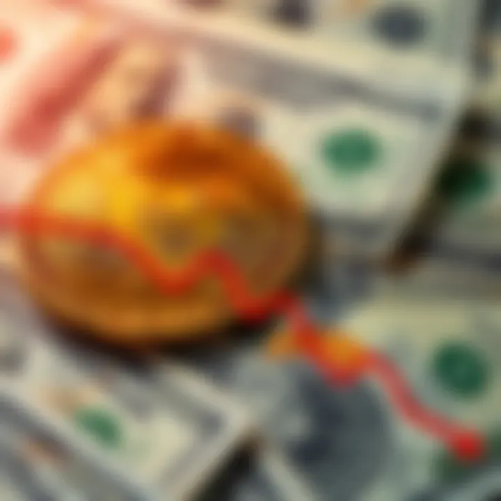 A graphic showing a downward trend in Bitcoin prices with dollar bills in the background