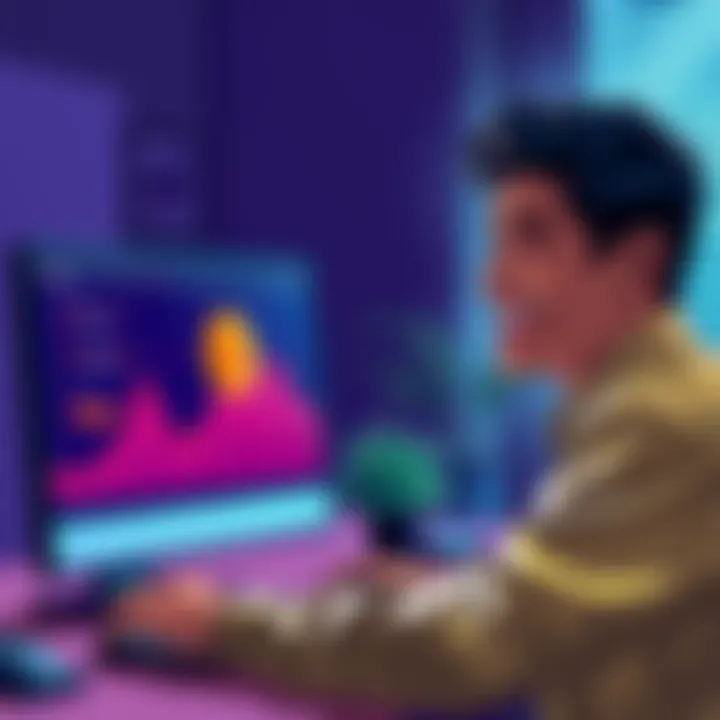Bitcoin Profit Illustration A person smiling while looking at a rising Bitcoin chart on a computer screen, celebrating a small profit.