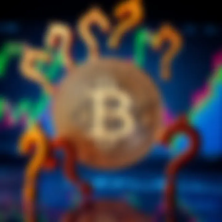 A Bitcoin symbol surrounded by question marks, representing doubts about its value and investment potential. The background features financial charts and graphs.