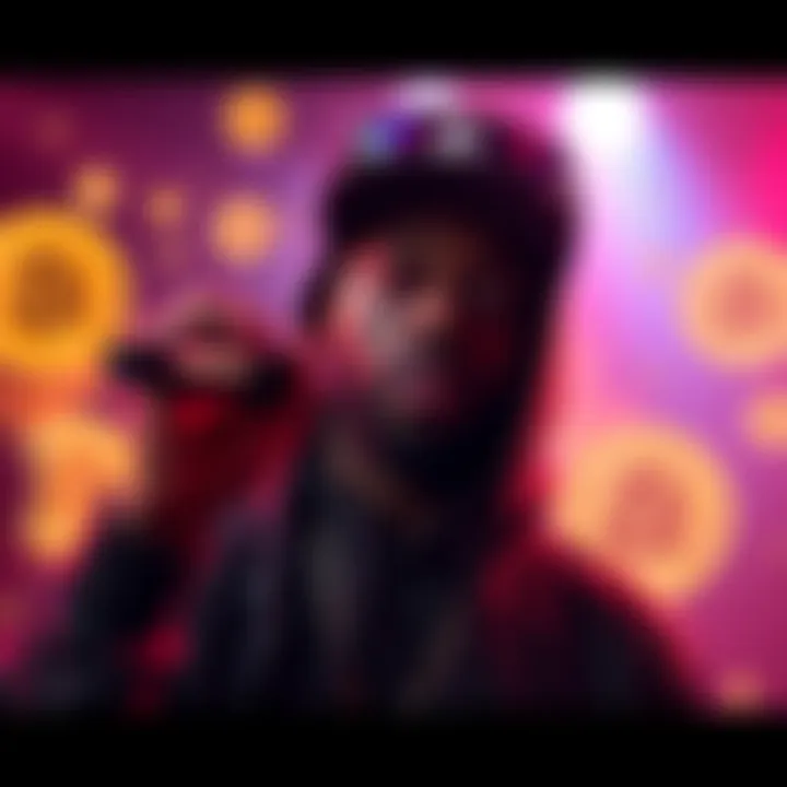 A rapper performing with Bitcoin symbols in the background, showcasing the blend of cryptocurrency and music culture