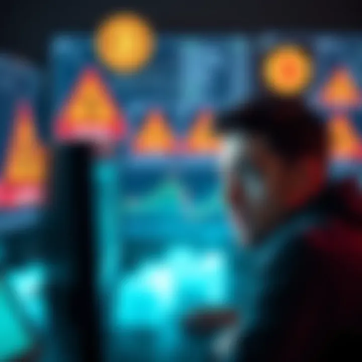 A person looking worried while examining a Bitcoin investment on a computer screen, with warning signs in the background.