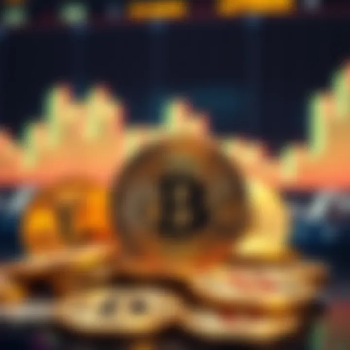 Bitcoin coins with fluctuating value chart A collection of Bitcoin coins in front of a chart showing price fluctuations, symbolizing its volatility and scarcity as an asset.
