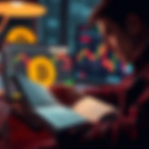A person analyzing Bitcoin charts while reading a book on socialist critiques, with a laptop showing cryptocurrency values in the background.