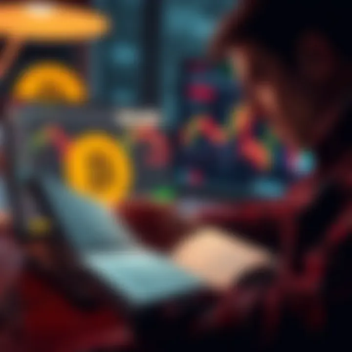 A person analyzing Bitcoin charts while reading a book on socialist critiques, with a laptop showing cryptocurrency values in the background.