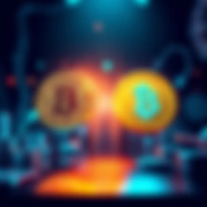 A visual representation of Bitcoin and USDT being exchanged, with arrows indicating the conversion process. The scene features crypto symbols and blockchain icons.