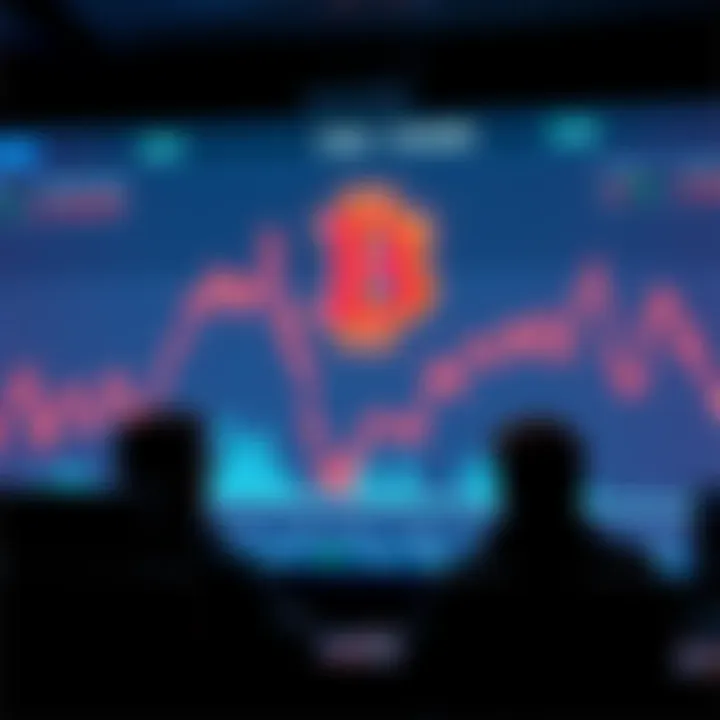 A graph showing the decline in Bitcoin prices with a downward trend and worried investors looking at the screen.