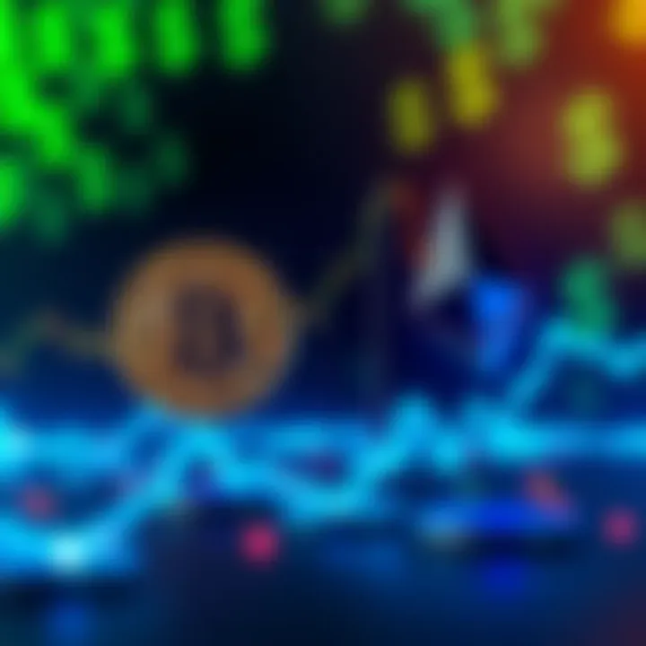 A chart showing Bitcoin's rising trend alongside Ethereum's declining trend, with a background of dollar signs representing market activity.