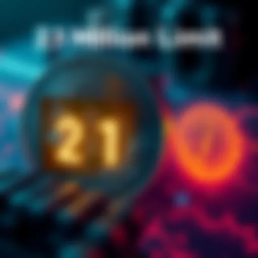 A visual representation of a Bitcoin with a digital count showing 21 million limit alongside a blockchain symbol indicating its scarcity concept