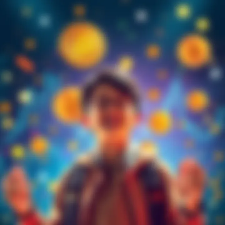 Bitcoin Achievement A young person celebrating their achievement of accumulating 0.1 bitcoin, surrounded by cryptocurrency symbols and financial graphs.