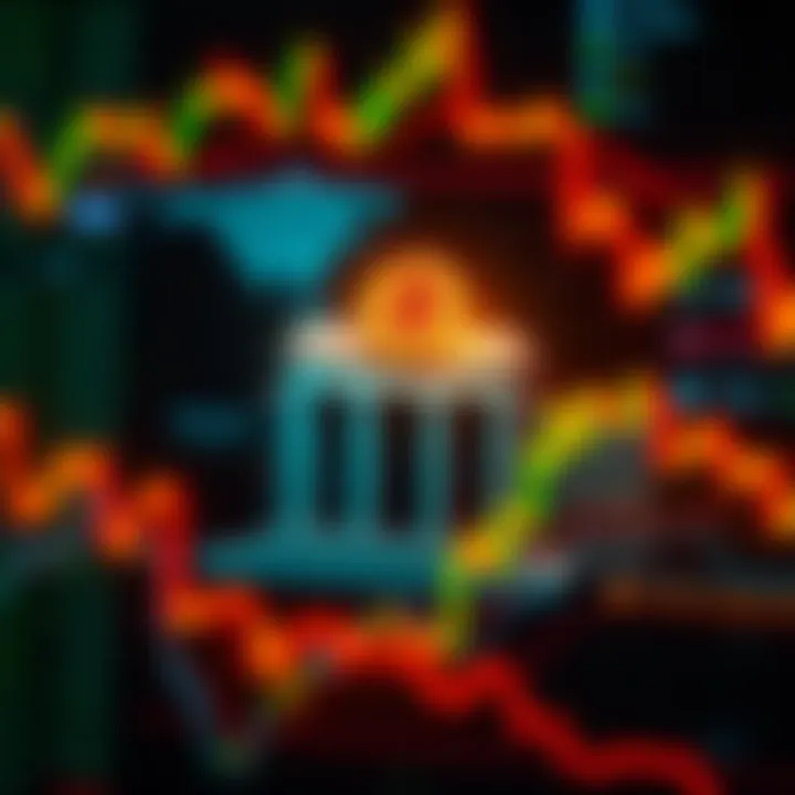 A graphic showing Bitcoin prices, Federal Reserve symbol, and rising oil prices in a financial chart