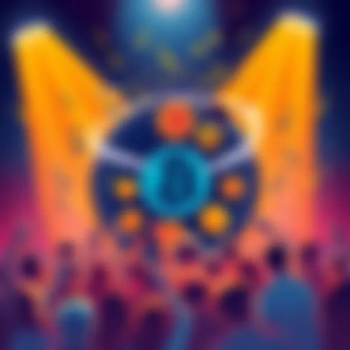 A vibrant illustration of a record with Bitcoin symbols, surrounded by music notes and a lively crowd celebrating, capturing the spirit of crypto music.