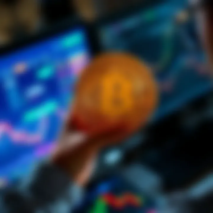 Bitcoin at Brokerage A person holding a Bitcoin symbol while looking at a computer screen showing a brokerage platform, representing the risks of keeping Bitcoin with brokers.