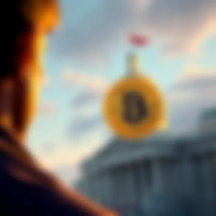 A person looking puzzled at a Bitcoin symbol next to a government building, pondering over the connection between crypto and bailouts.