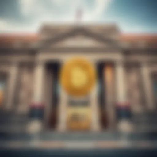 A Bitcoin symbol prominently displayed in front of a traditional bank building, highlighting the contrast between digital currency and conventional banking.