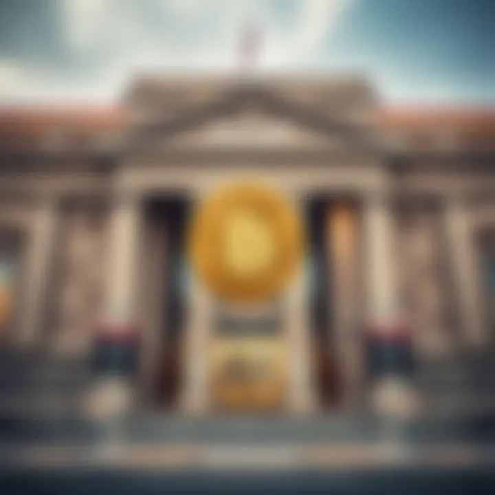 A Bitcoin symbol prominently displayed in front of a traditional bank building, highlighting the contrast between digital currency and conventional banking.