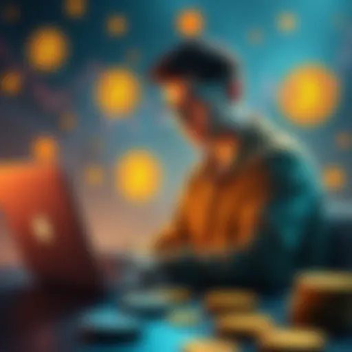 A young man researching Bitcoin on a laptop, surrounded by cryptocurrency symbols and charts, representing the journey of learning about cryptocurrency.