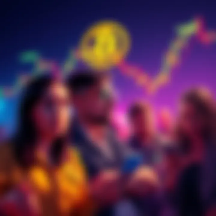 Group of Bitcoin enthusiasts looking worried as charts show a market decline. One person is holding their head in concern while others check their phones.