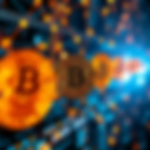 An illustration showing Bitcoin symbols and blockchain chains connecting, with a digital background.