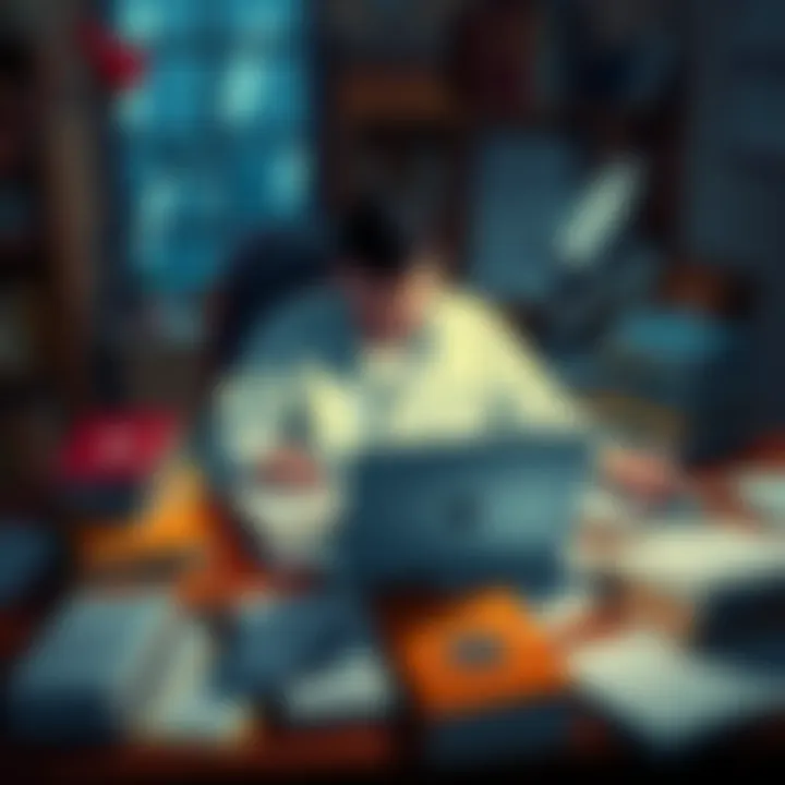 A person sitting at a desk with a laptop, surrounded by Bitcoin books and notes, engaged in studying Bitcoin.