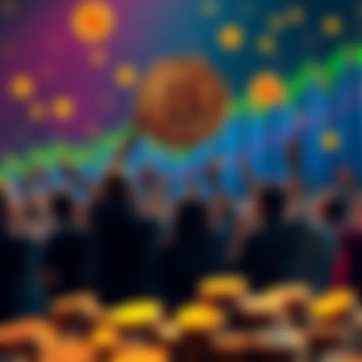 Group of people celebrating the rise of Bitcoin prices with charts and coins in the background