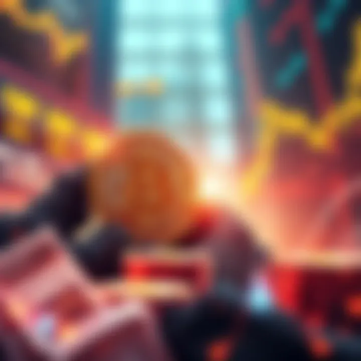 Illustration of Bitcoin rising with retail investors looking at charts and graphs, symbolizing increased short selling and impending rally