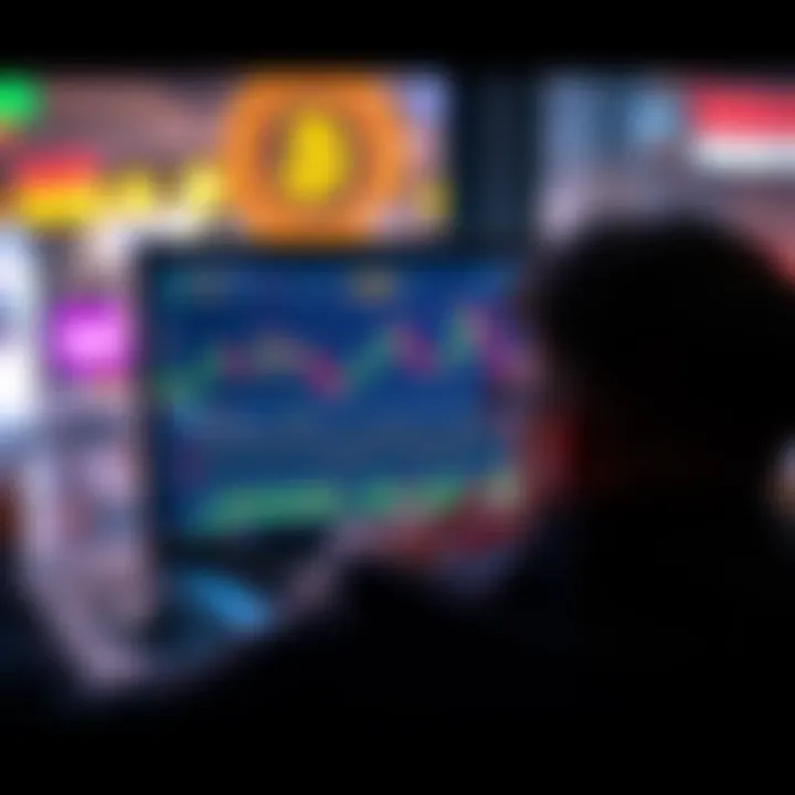 A person looking at a laptop screen showing a Bitcoin trading platform, with graphs and prices displayed