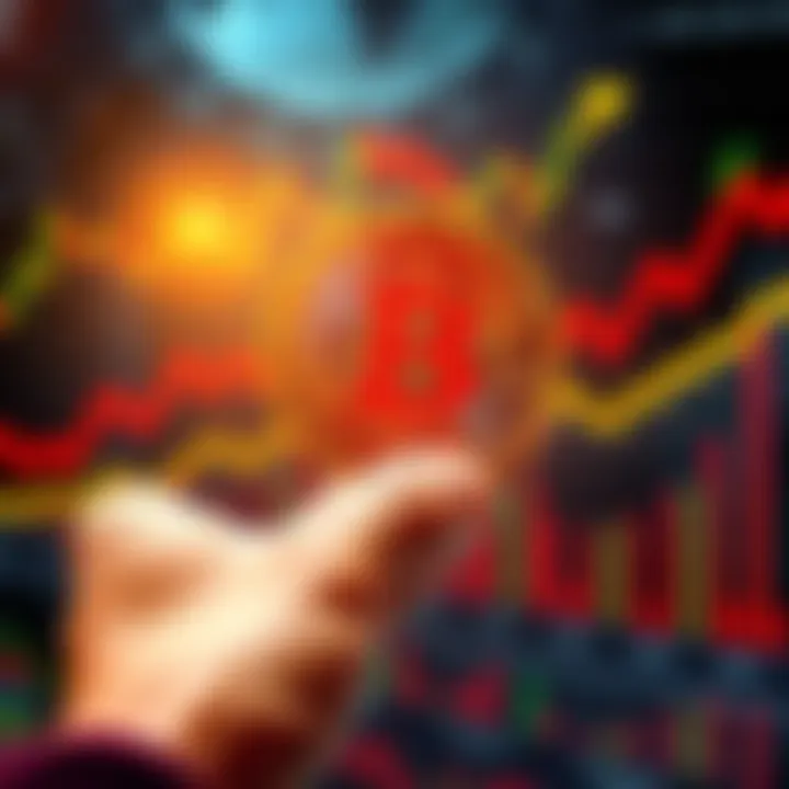 A person holding Bitcoin with graphs showing increasing market trends and new supply rates in the background.