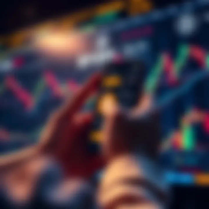 A person using a smartphone to look at Bitcoin prices on the BYDFi exchange app, surrounded by financial charts and graphs