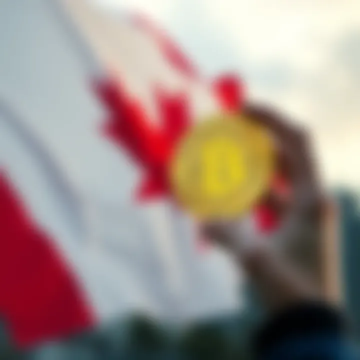 Bitcoin in Canada A person holding a Bitcoin while looking at a Canadian flag in the background