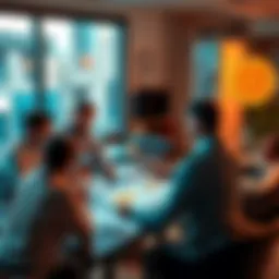 A group of people discussing Bitcoin Cash investment concerns in a casual setting, with charts and graphs on a table.