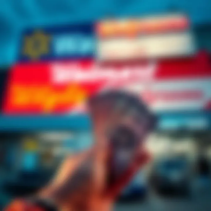 A person holding cash in front of a Walmart and Walgreens sign, representing locations to buy Bitcoin with cash.