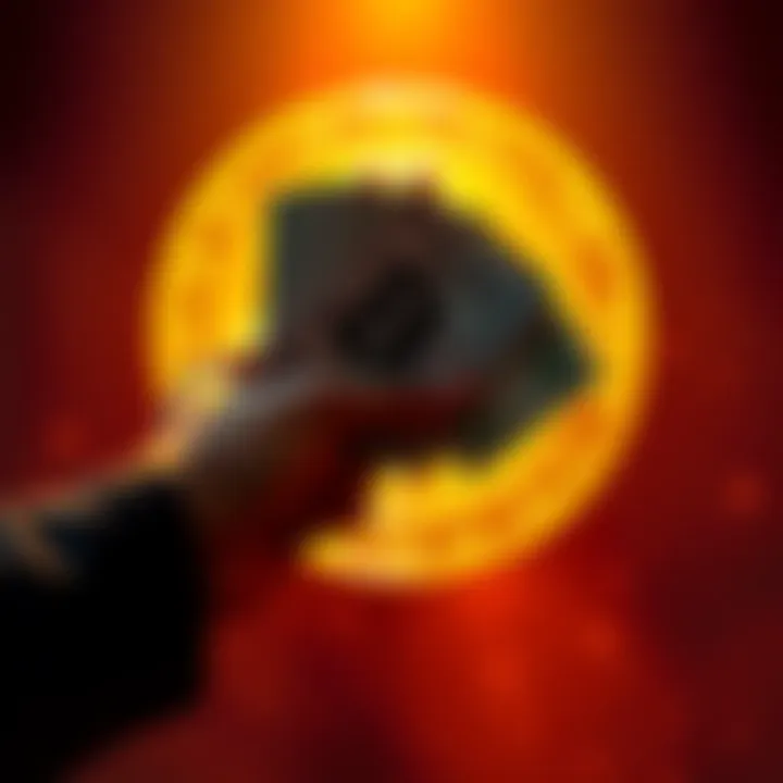 A person holding cash with a Bitcoin symbol in the background, representing undeclared Bitcoin sales.