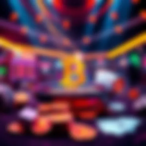 A digital representation of a bitcoin casino with vibrant colors, featuring bitcoin symbols and casino elements like dice and cards.