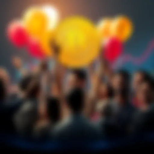 A group of diverse people celebrating Bitcoin's achievement with balloons and charts in the background.