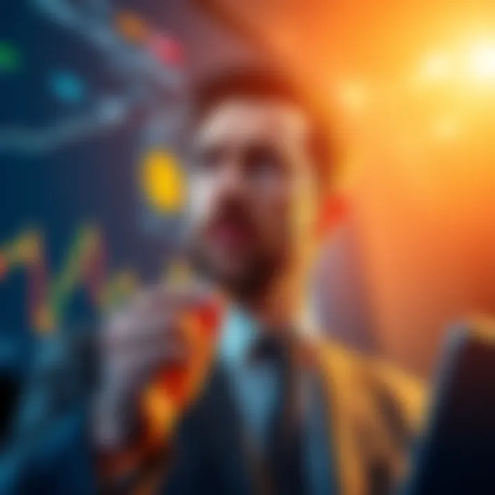 A businessman looking at a digital chart displaying fluctuating Bitcoin prices with a concerned expression, symbolizing the search for new leadership.