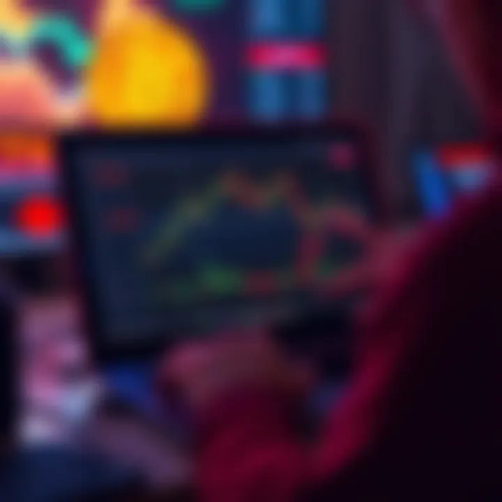 A person looking at a Bitcoin chart on a laptop showing a downward trend and loss