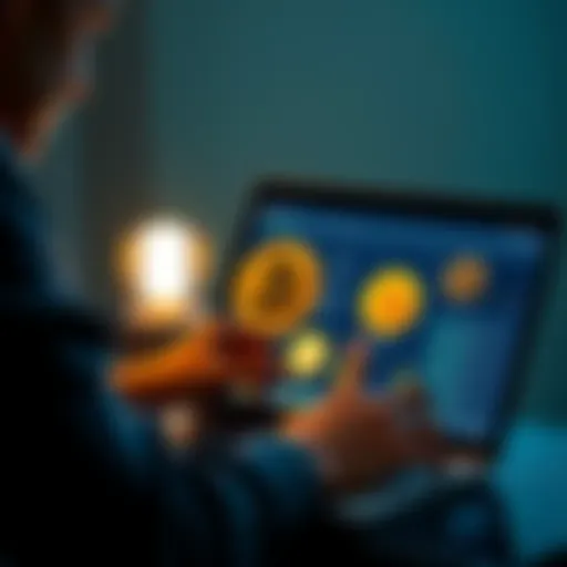 A person analyzing different Bitcoin client applications on a laptop, considering options for financial investment.
