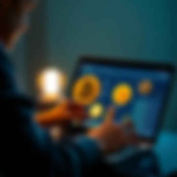 A person analyzing different Bitcoin client applications on a laptop, considering options for financial investment.