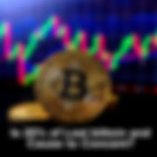 A close-up of a bitcoin coin placed next to a fluctuating market graph, symbolizing the debate on lost bitcoin and market volatility.